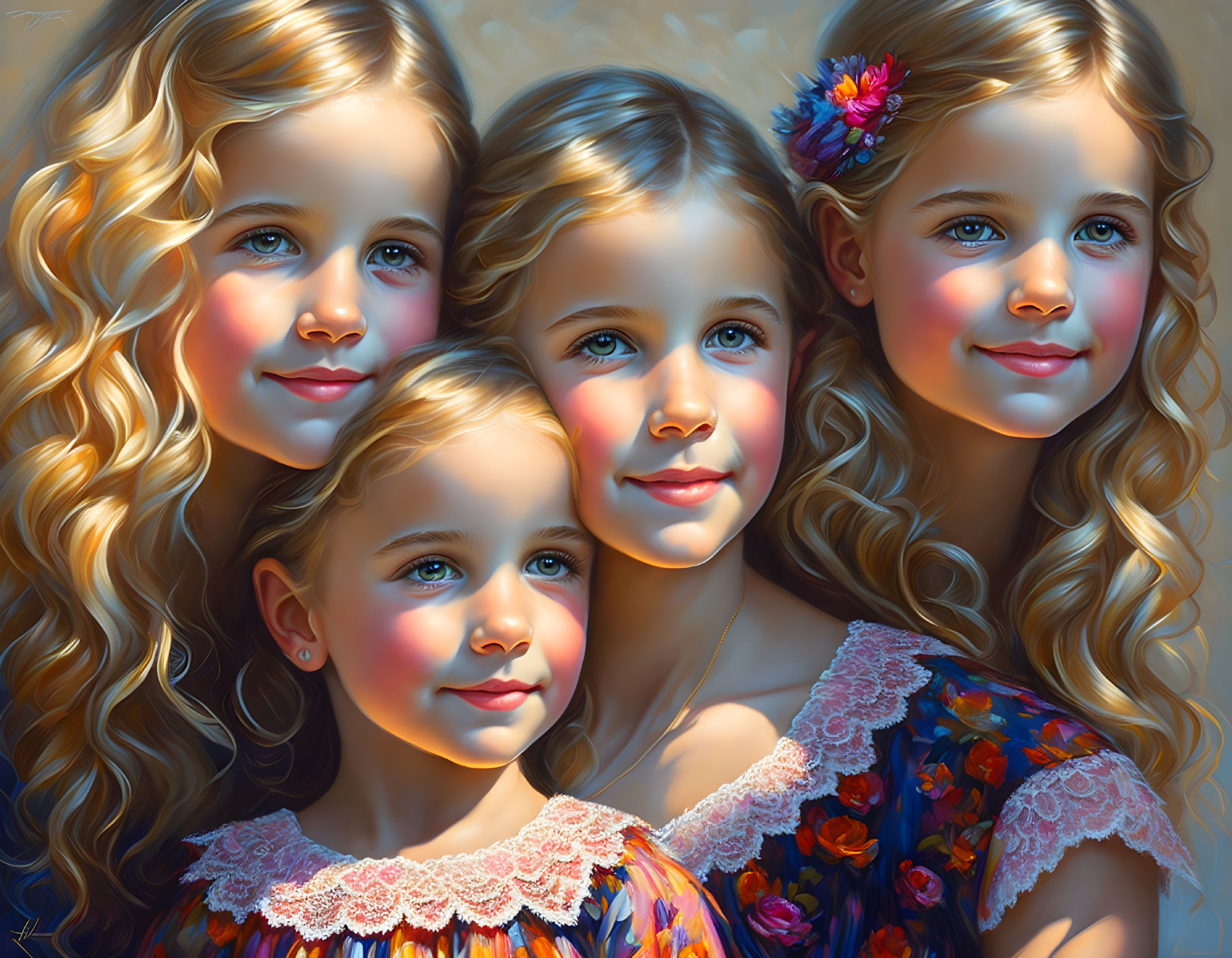 Four young girls with curly blond hair and blue eyes in colorful dresses with soft, warm lighting.