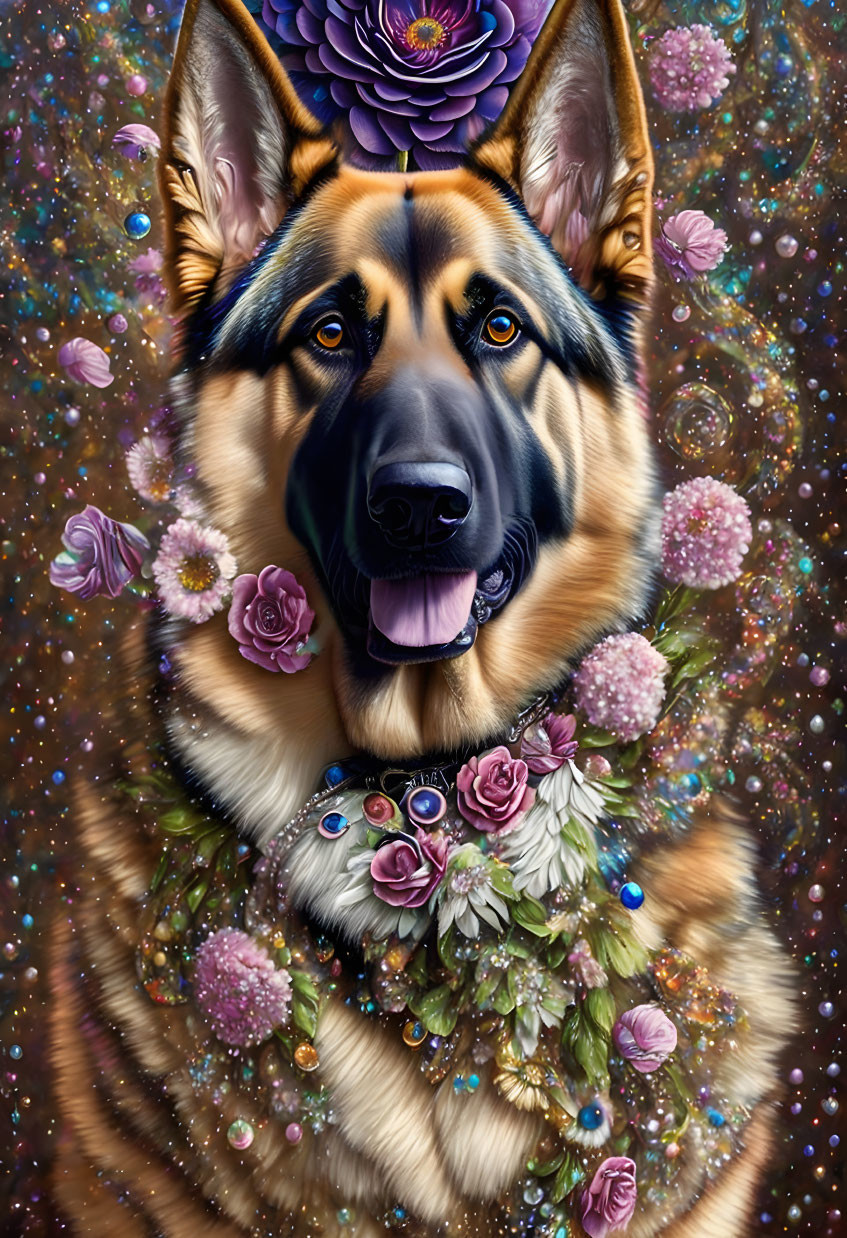 German Shepherd with vibrant flowers and jewels on cosmic background.