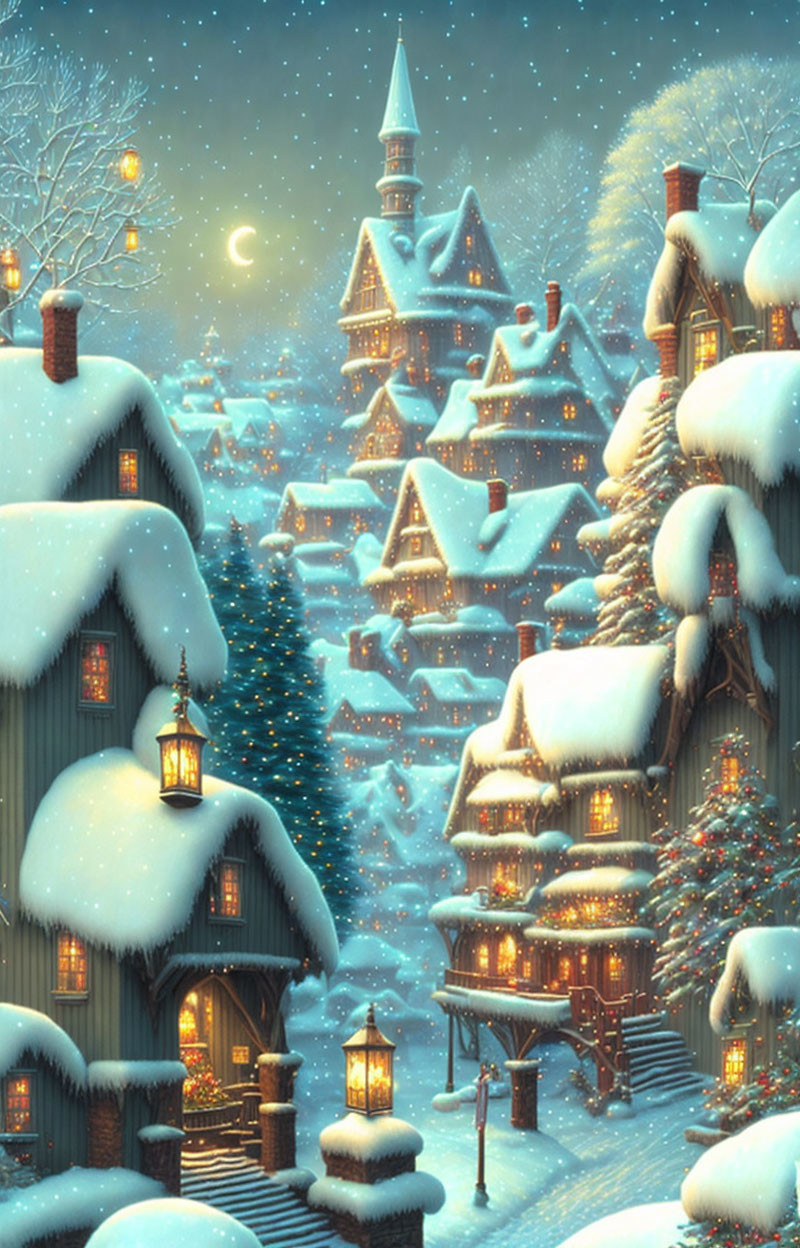 Snowy night village scene with glowing windows and crescent moon