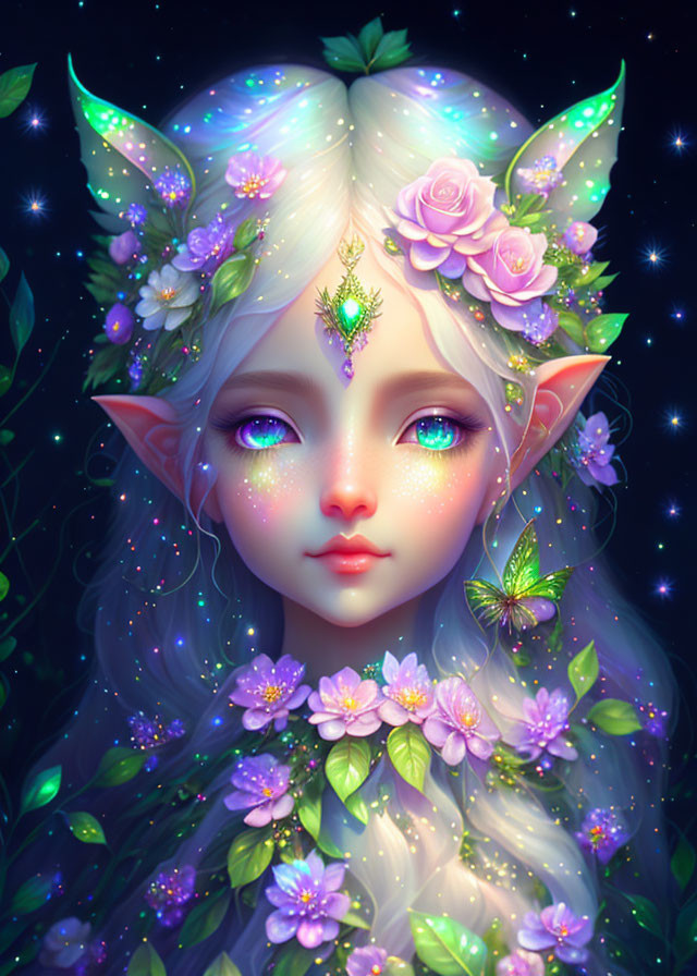 Fantastical elf with flowers and butterflies in starry night scene