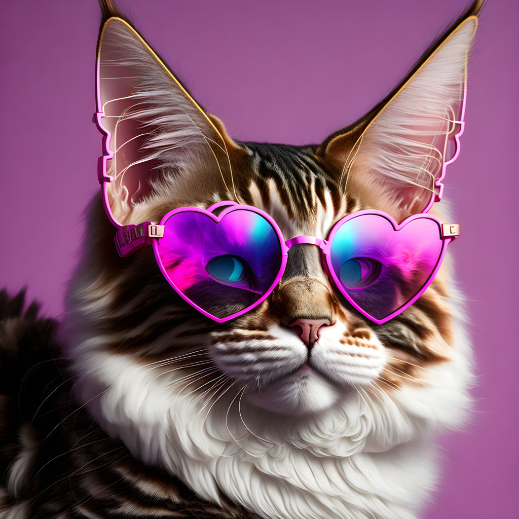 Cat wearing heart-shaped pink sunglasses on purple background