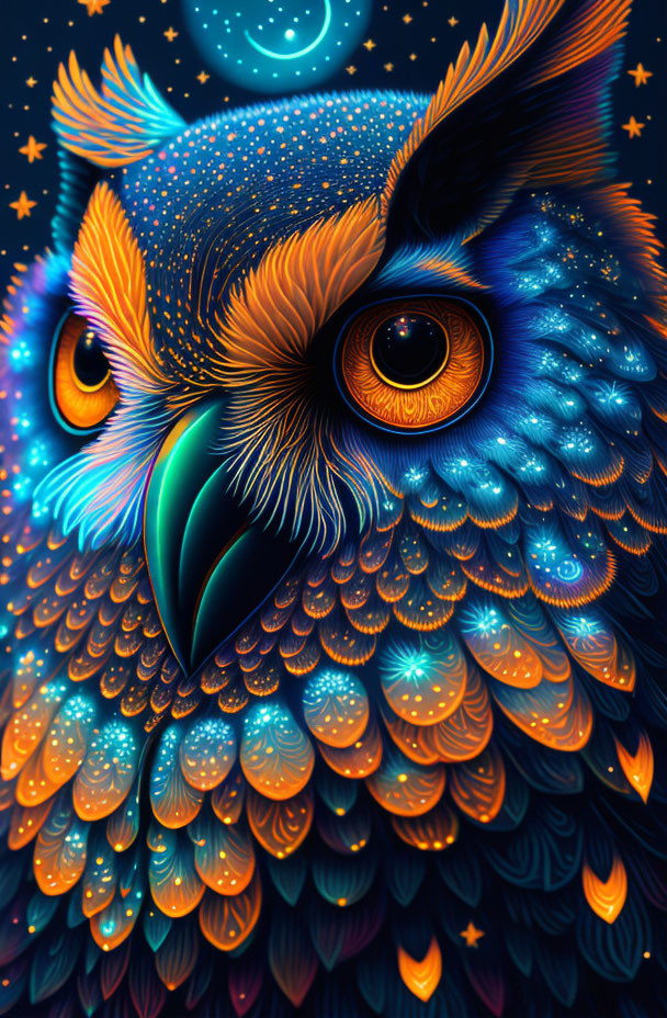 Colorful owl digital illustration under starry night sky