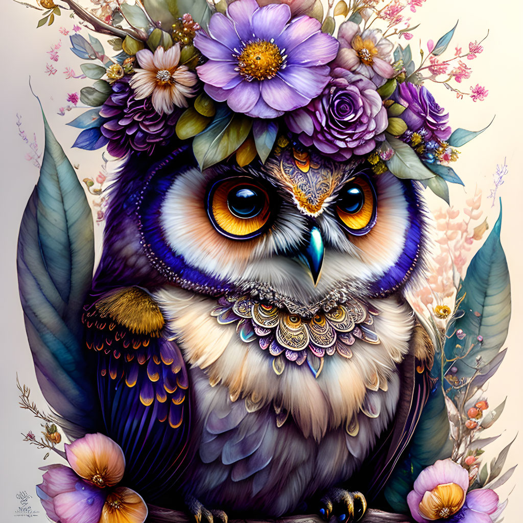 Colorful Owl Illustration with Floral Crown in Purple, Blue, and Gold