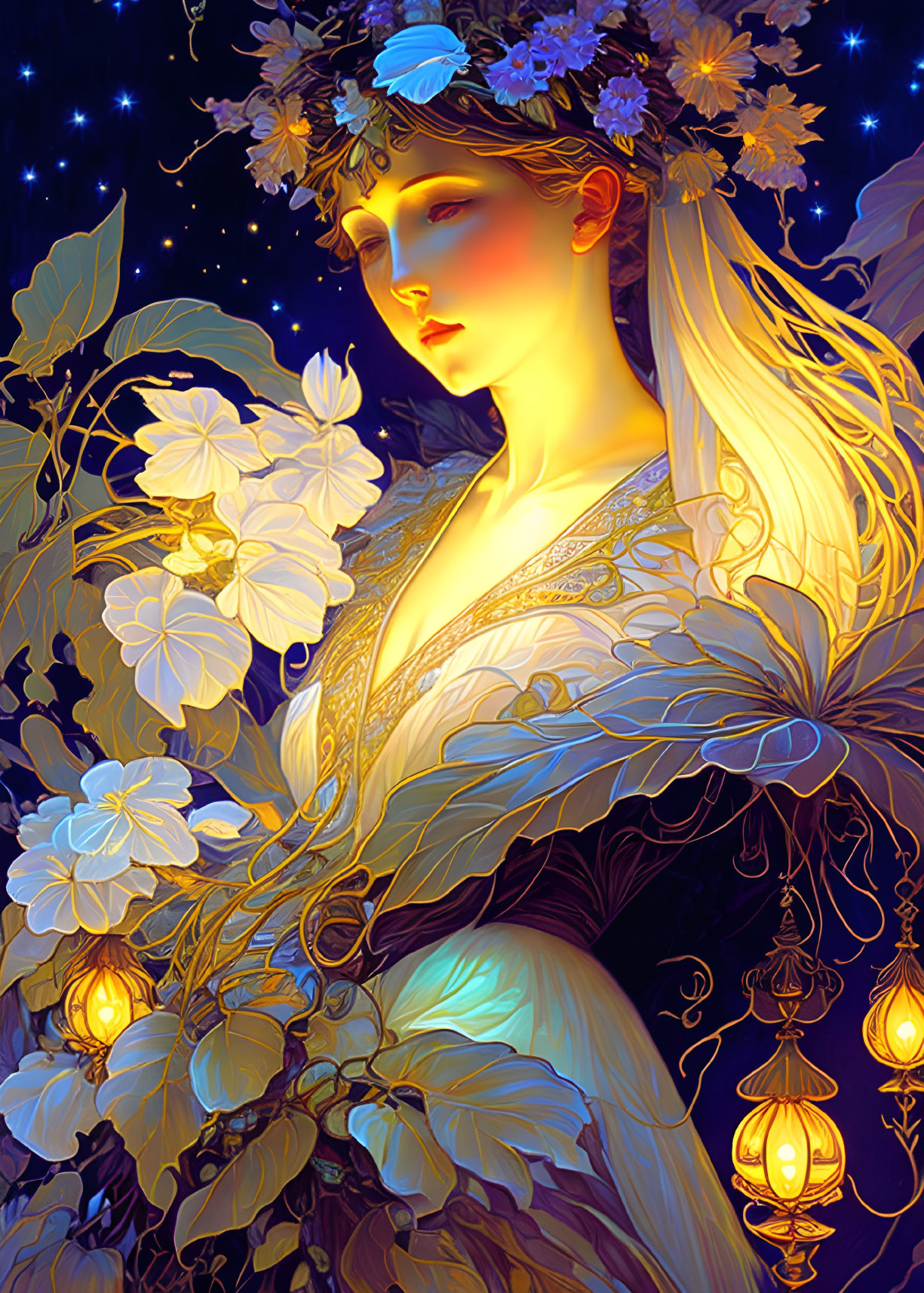 Ethereal woman with floral crown in luminous flower setting