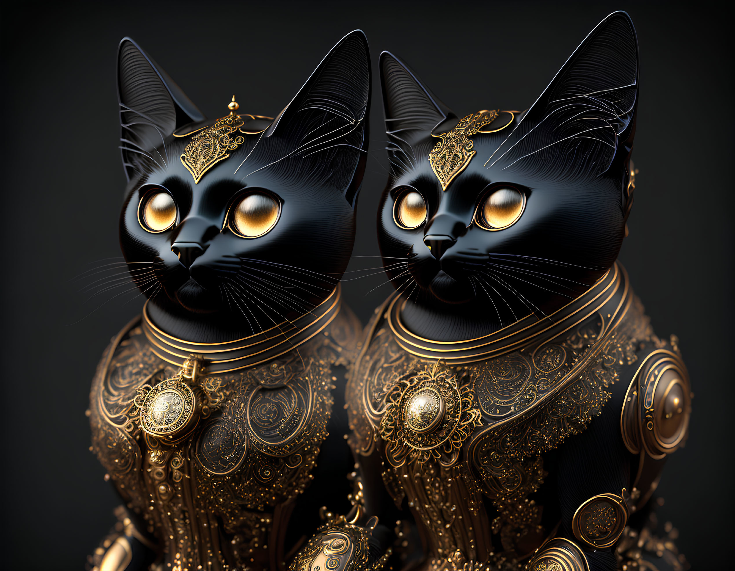 Intricately designed black cats with golden accents and jewelry on dark background