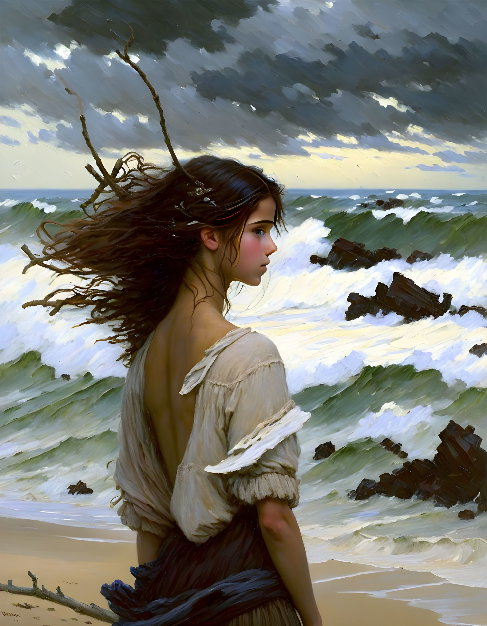 Woman with Wind-Tossed Hair by Stormy Sea