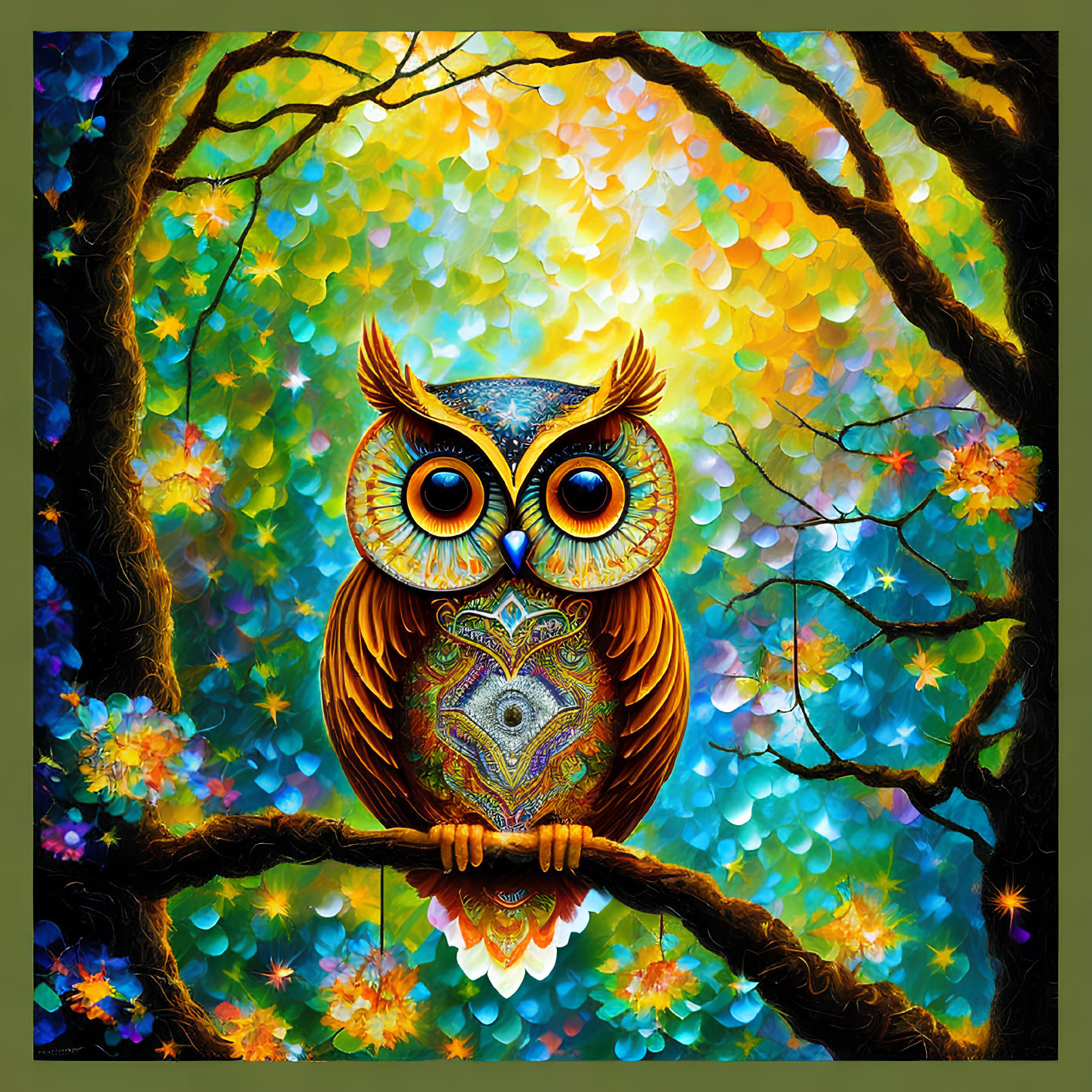 Colorful Stylized Owl Perched on Branch with Vibrant Plumage