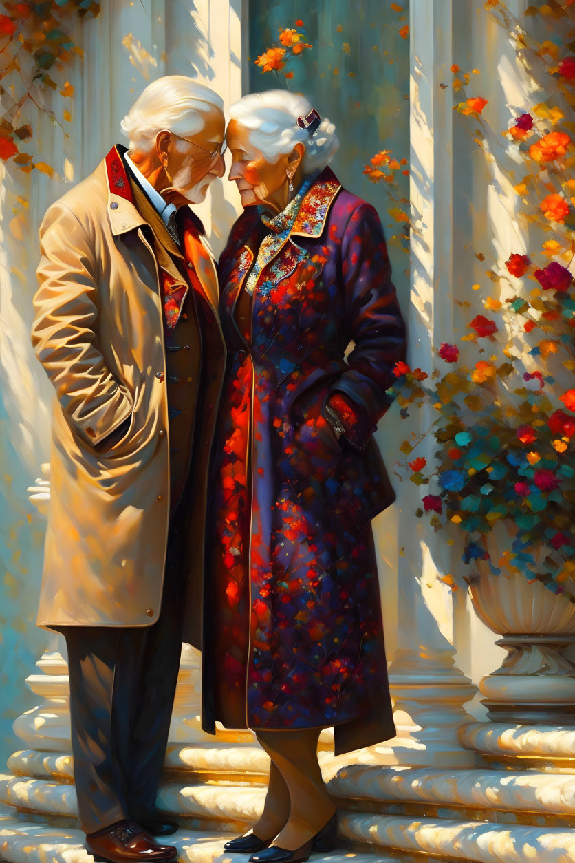 Elderly couple in elegant coats sharing a tender moment by flower-adorned pillar