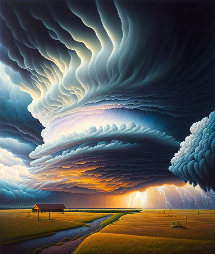 Dramatic artwork: undulating clouds, lightning, rural landscape, sunset hue