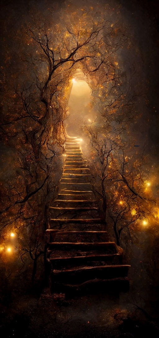 Ethereal staircase in luminous portal among golden-leaved trees