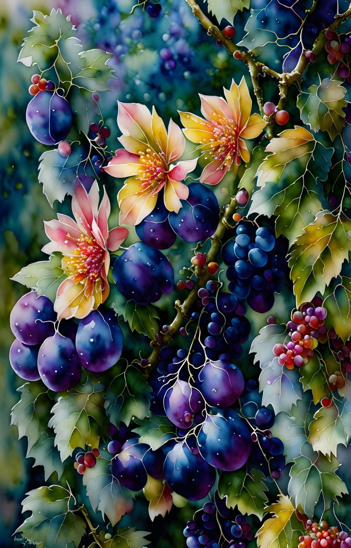 Colorful Plum Branch Artwork with Fruit, Blooms, and Berries