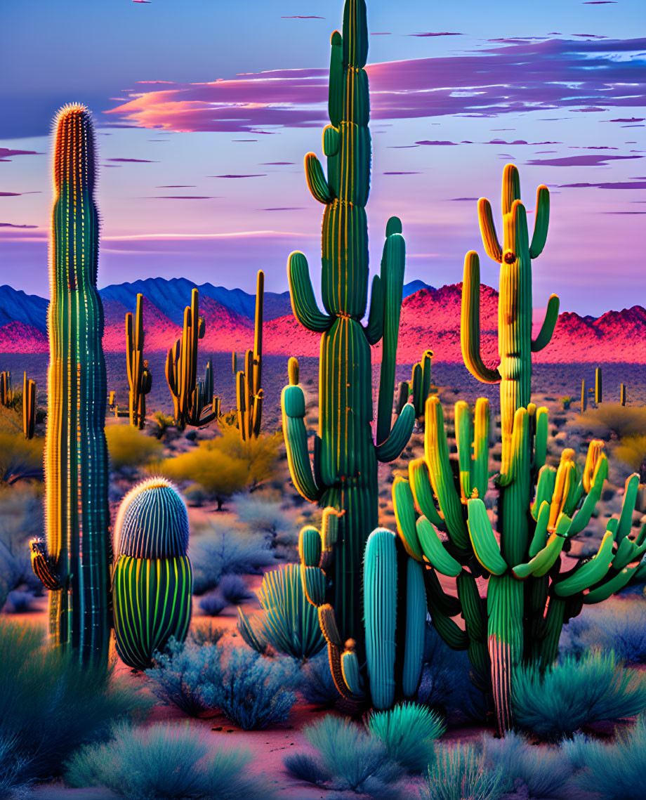 Colorful Twilight Desert Landscape with Tall Cacti