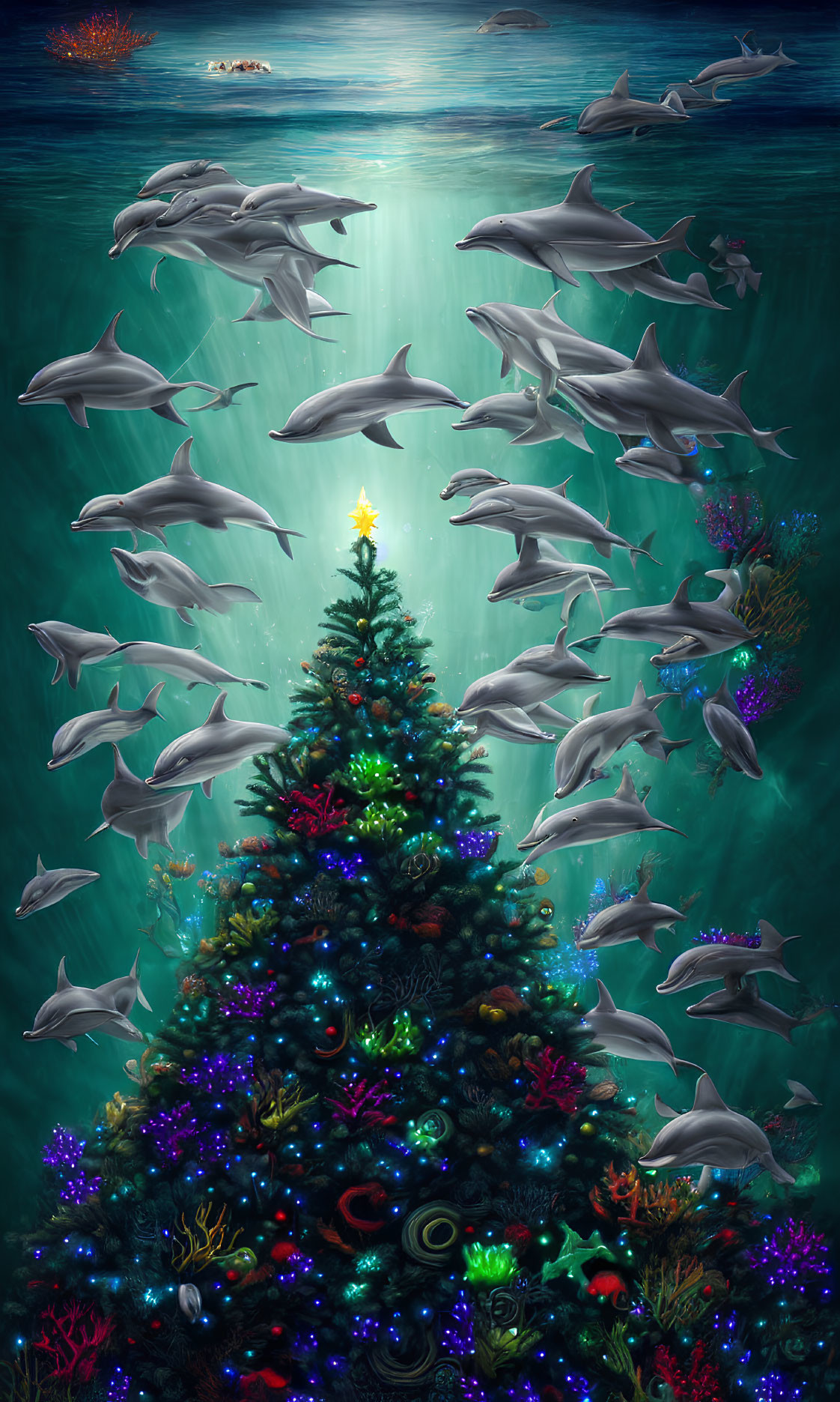 Colorful Christmas tree surrounded by dolphins in underwater scene