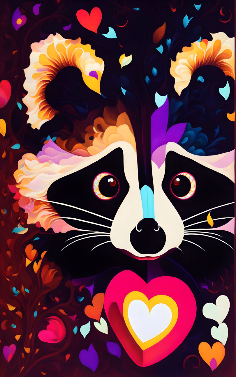 Vibrant raccoon illustration with floral patterns in kaleidoscopic style