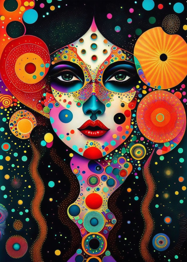 Colorful portrait with multicolored dots against cosmic background