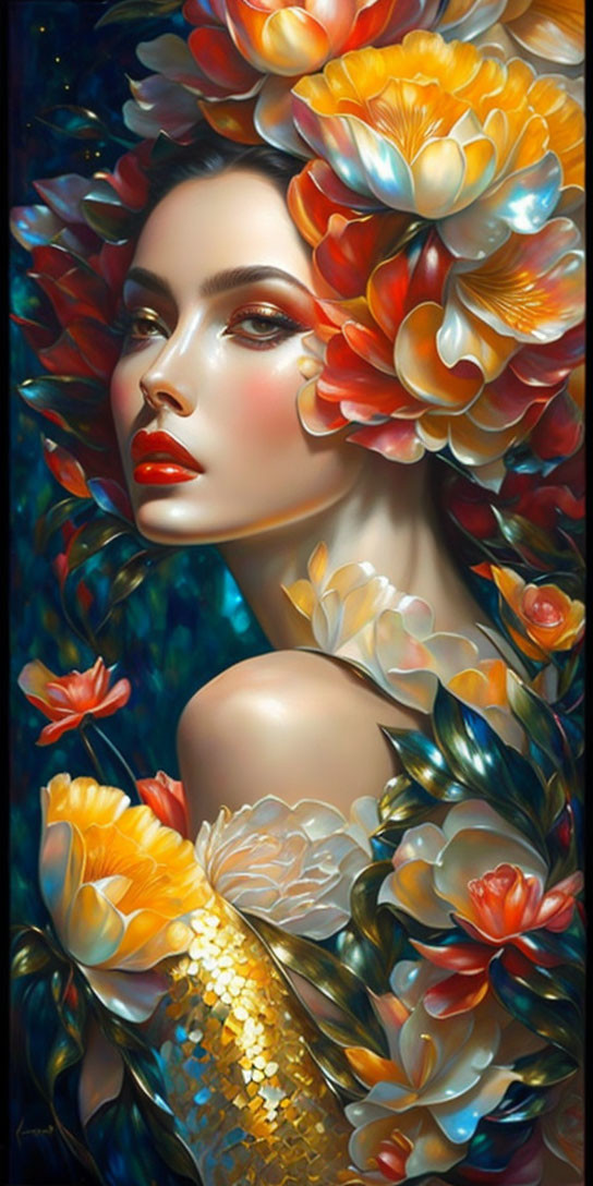Colorful digital artwork: Woman amidst orange and yellow flowers