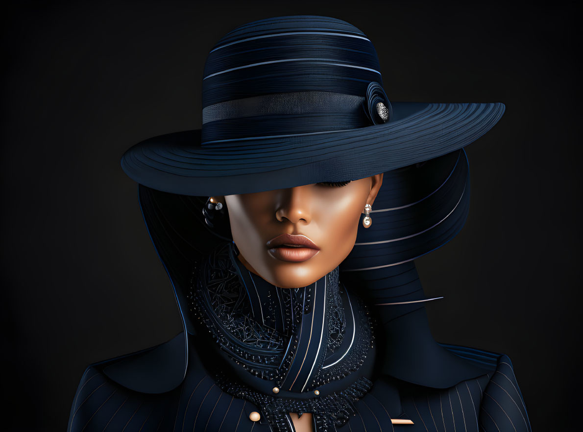 Digital artwork featuring woman in blue outfit with wide-brimmed hat and pearl earrings