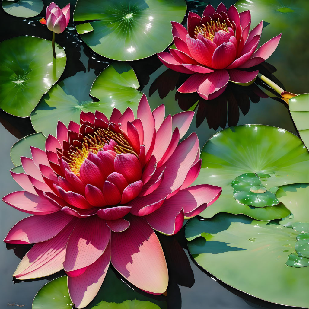 Vibrant pink lotus flowers and green lily pads on calm water