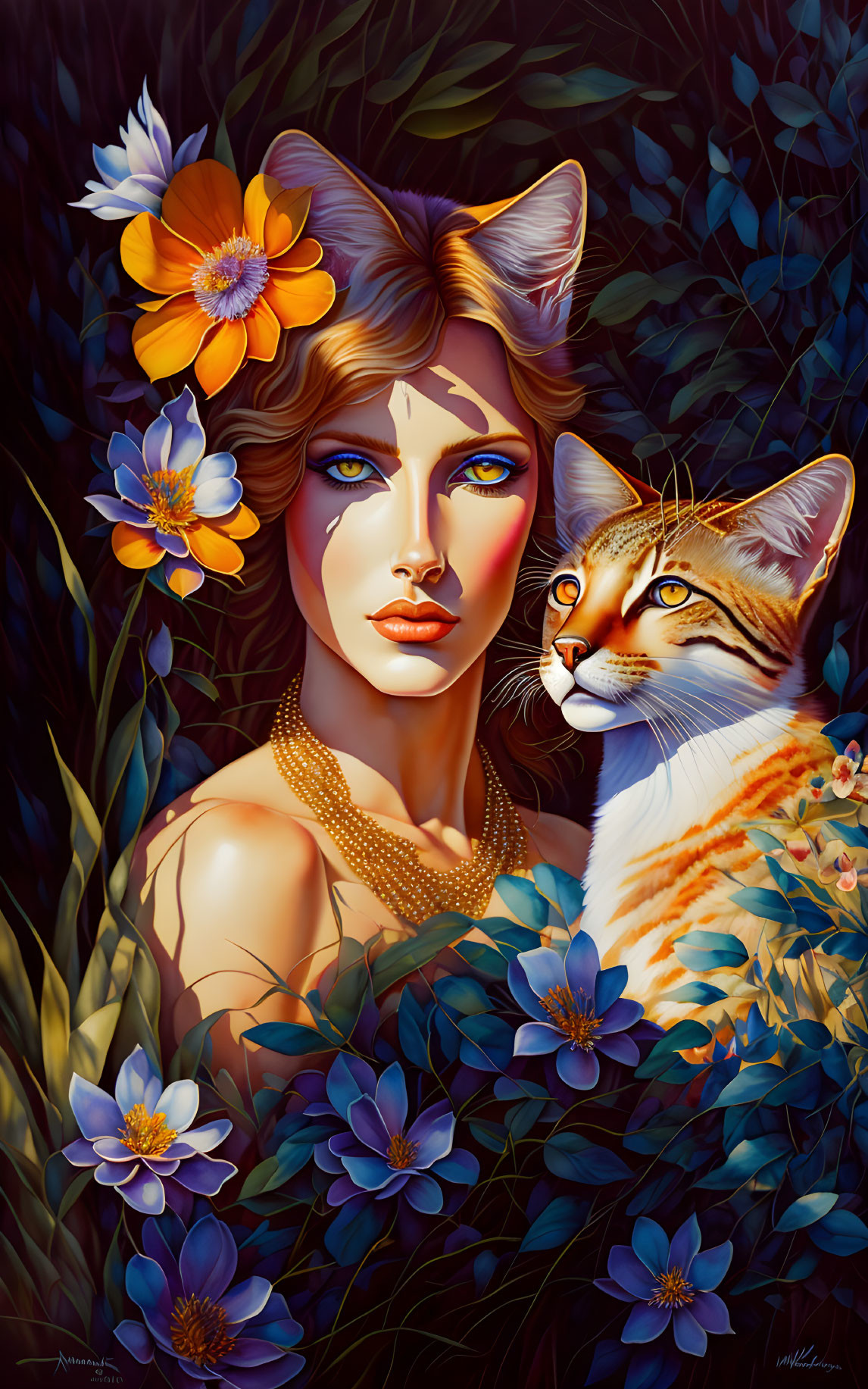 Illustration of woman with cat-like features and cat in vibrant floral setting