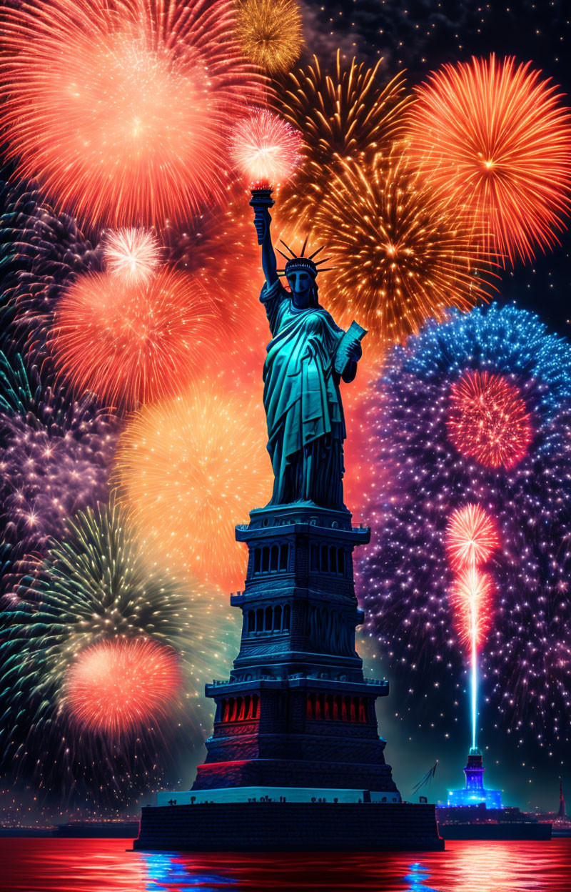 Night sky fireworks display behind Statue of Liberty