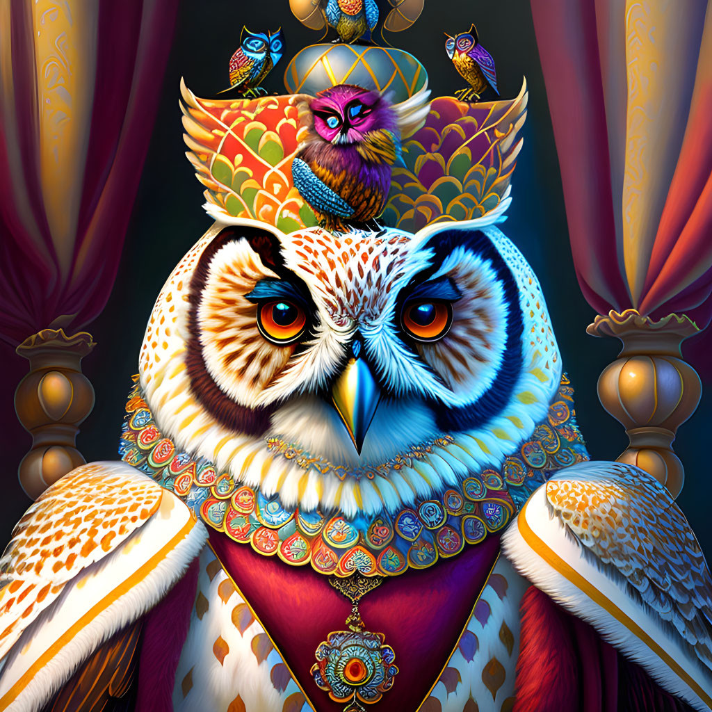 Colorful Owl Illustration in Regal Attire with Pillars & Intricate Patterns