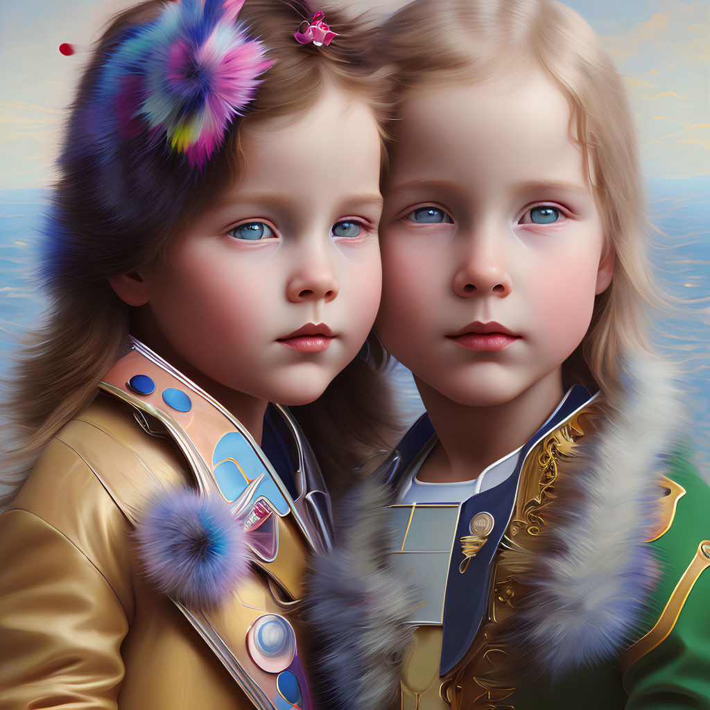 Vintage-Style Uniformed Children with Striking Eyes and Painted Aesthetic