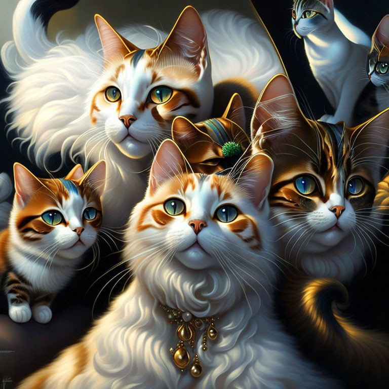 Illustrated cats with vivid eyes and unique expressions in softly lit scene