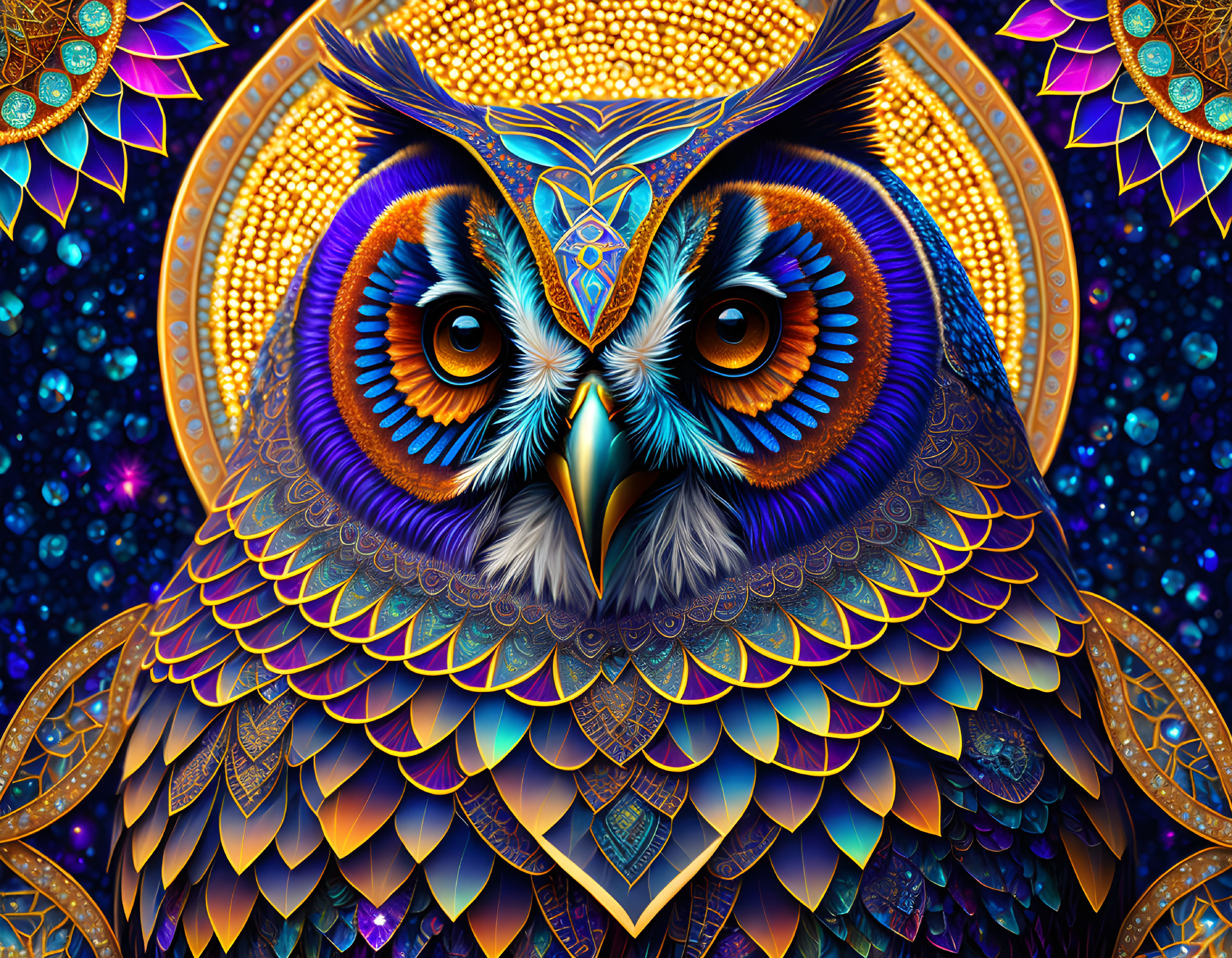 Colorful Owl Artwork with Cosmic Background