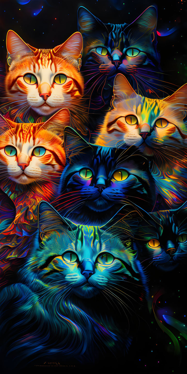 Colorful Fantastical Cat Faces in Dark Starry Background