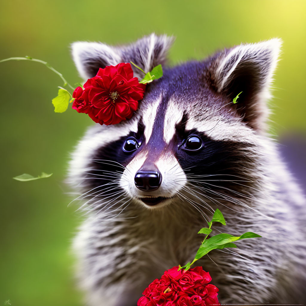 Raccoon with Vibrant Red Flowers on Head in Soft-focus Green Background