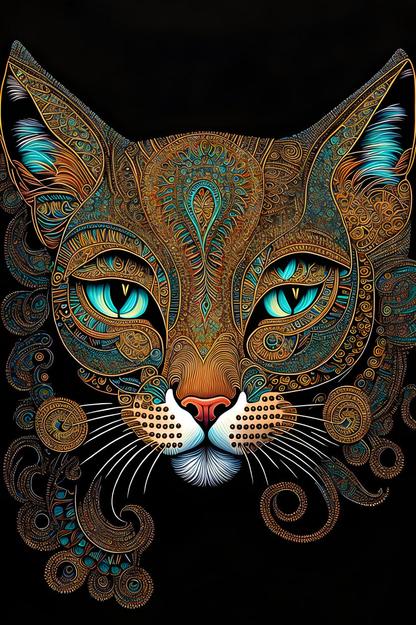 Colorful Stylized Cat Face Art with Intricate Patterns and Blue Eyes