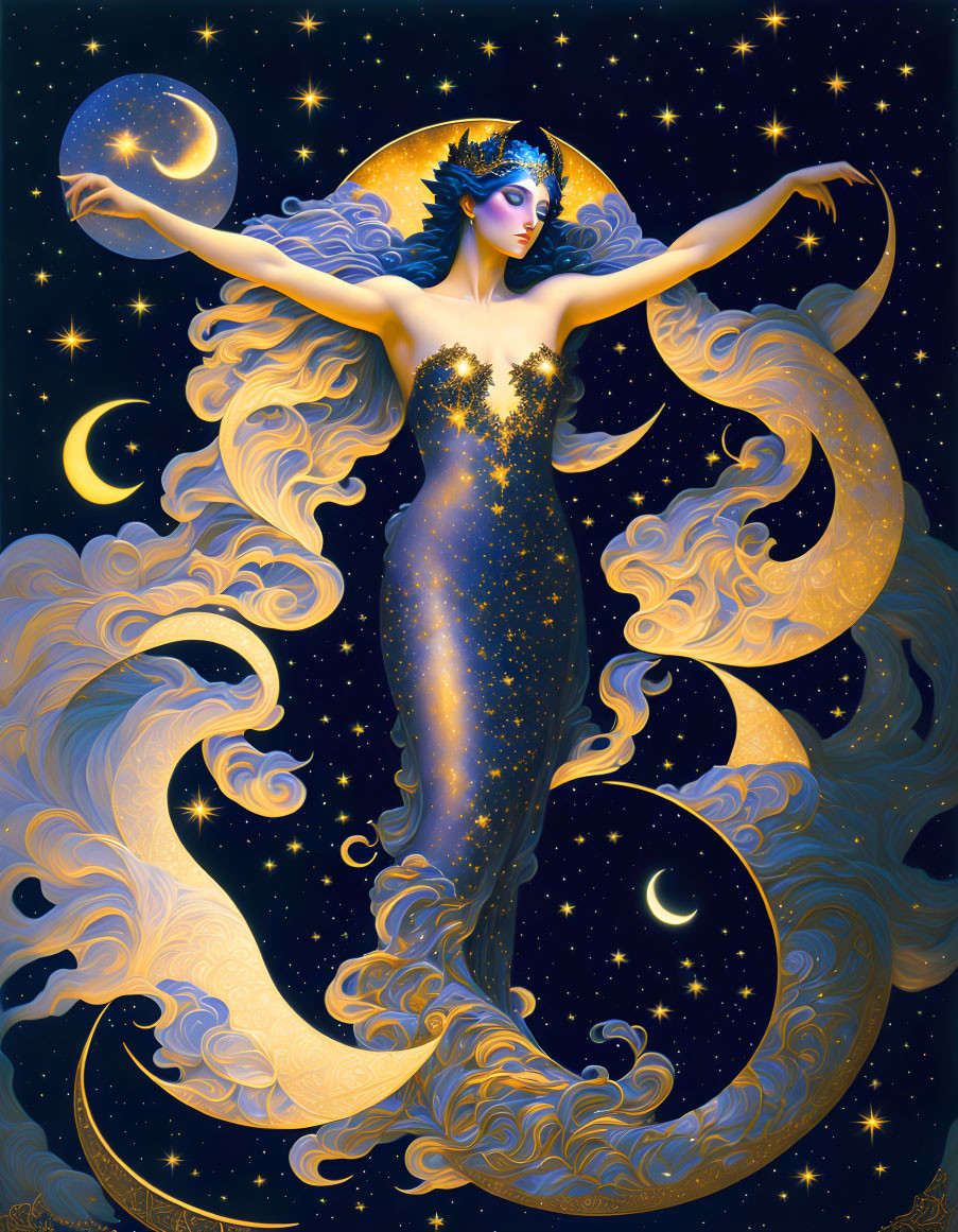 Celestial woman with stars in hair and dress holding the moon in cosmic backdrop