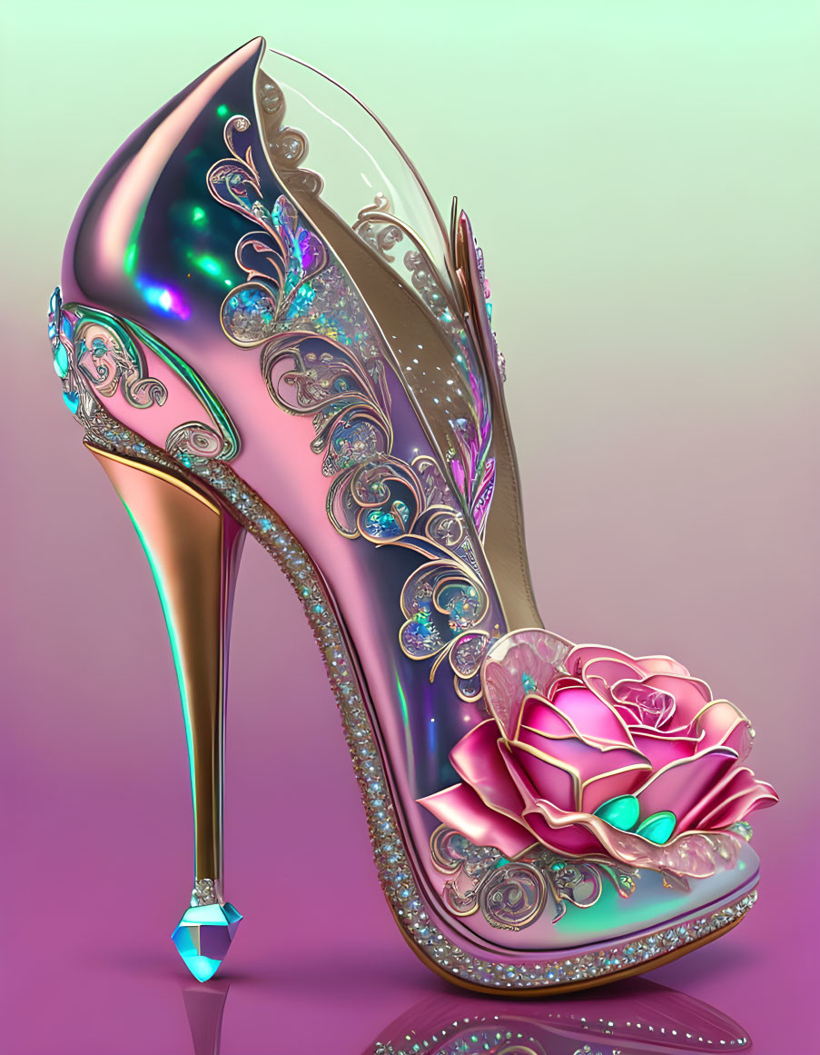 Ornate high-heeled shoe with metallic filigree and pink rose on gradient background