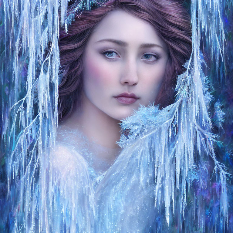 Digital artwork: Woman with icy-blue tones, red hair, crystal environment.