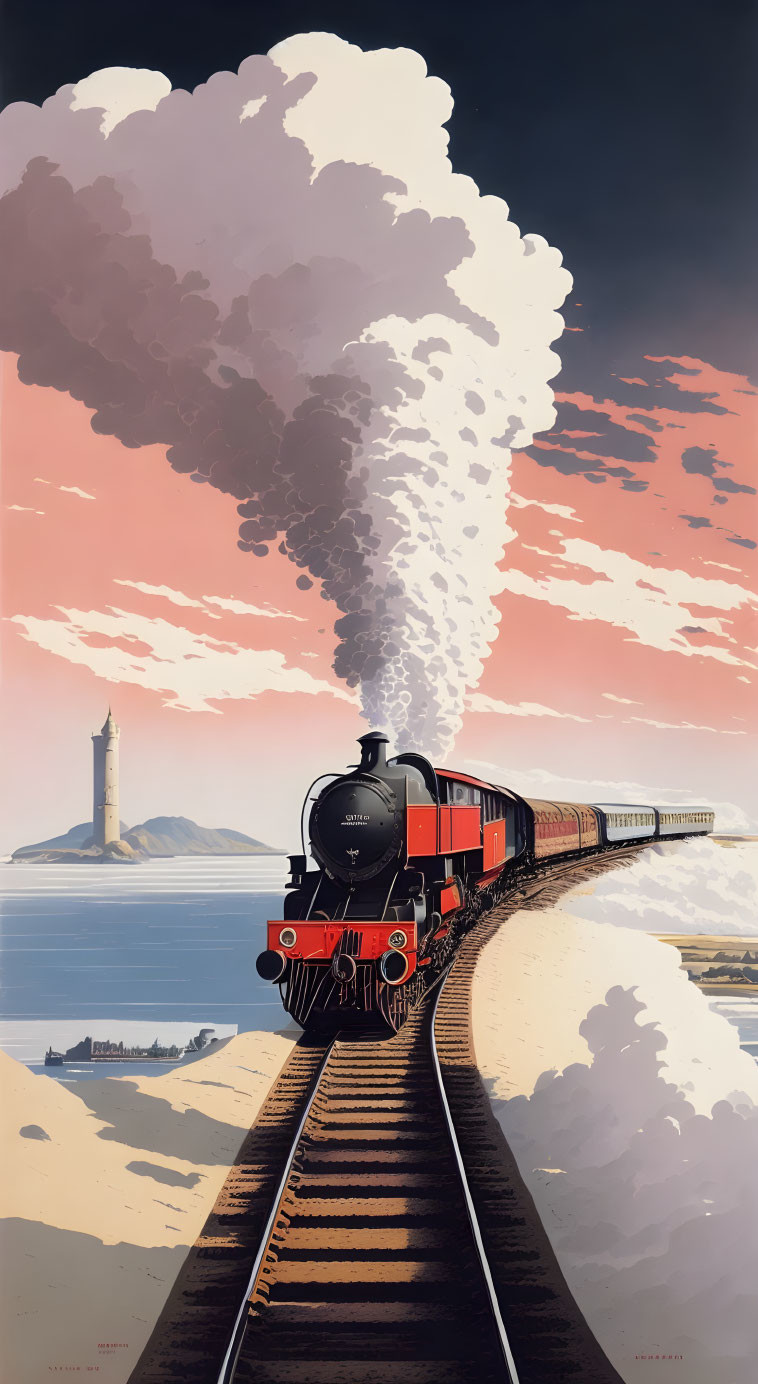 Vintage-style poster featuring steam train on coastal tracks with lighthouse against pastel sky