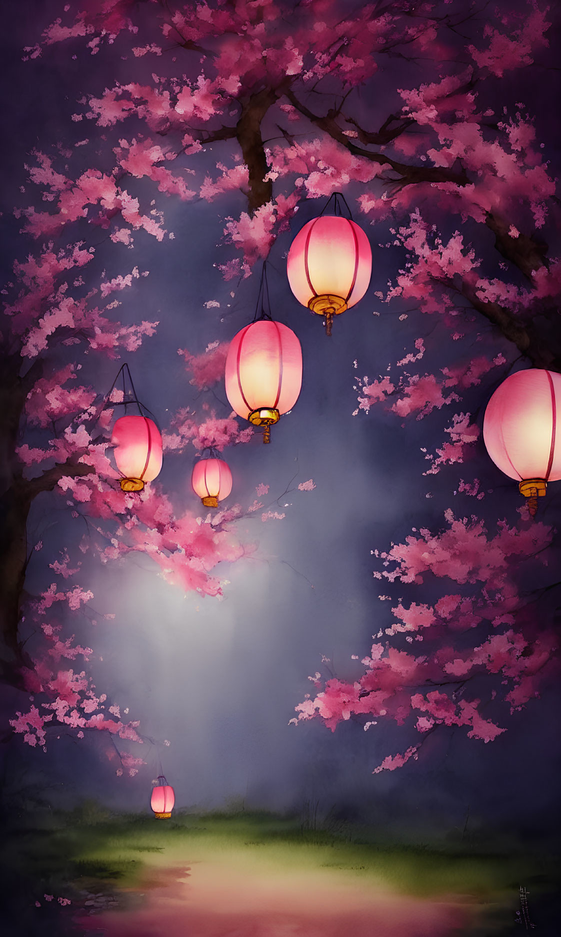 Red lanterns among cherry blossoms illuminate serene path at night