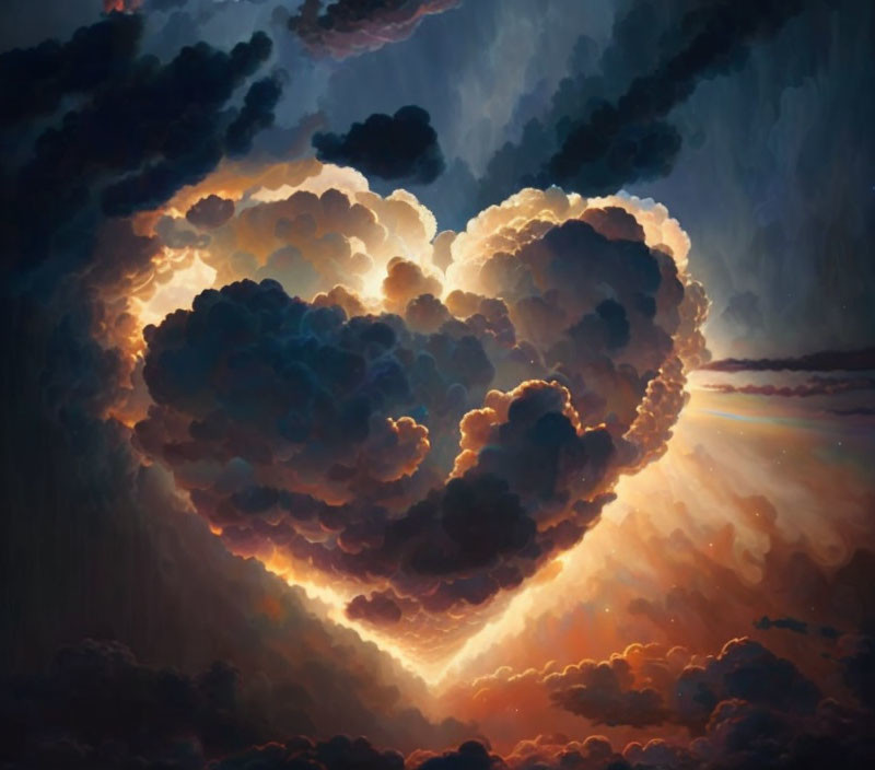 Heart-shaped Cloud Formation Illuminated by Warm Light at Sunset/Sunrise