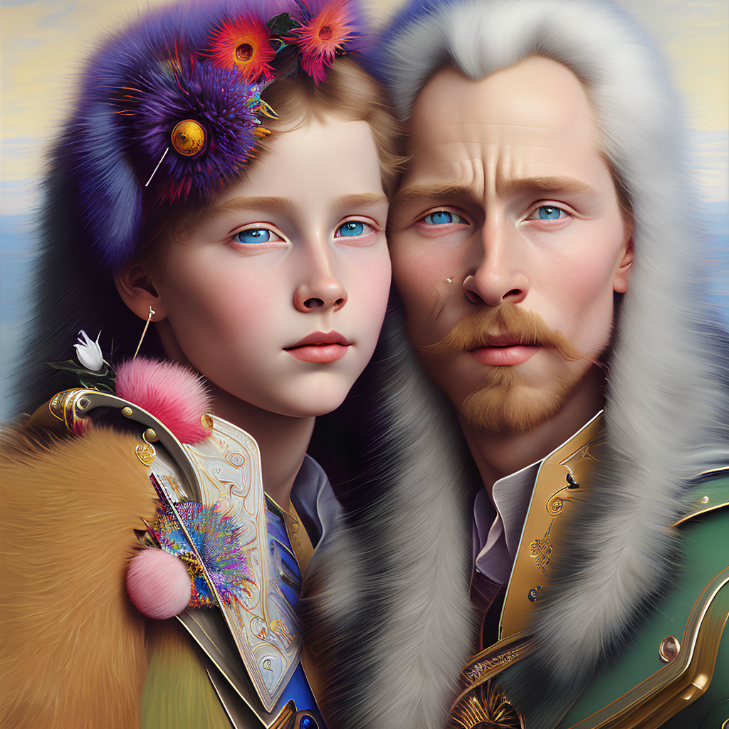 Stylized digital portrait of man and child in historical garments