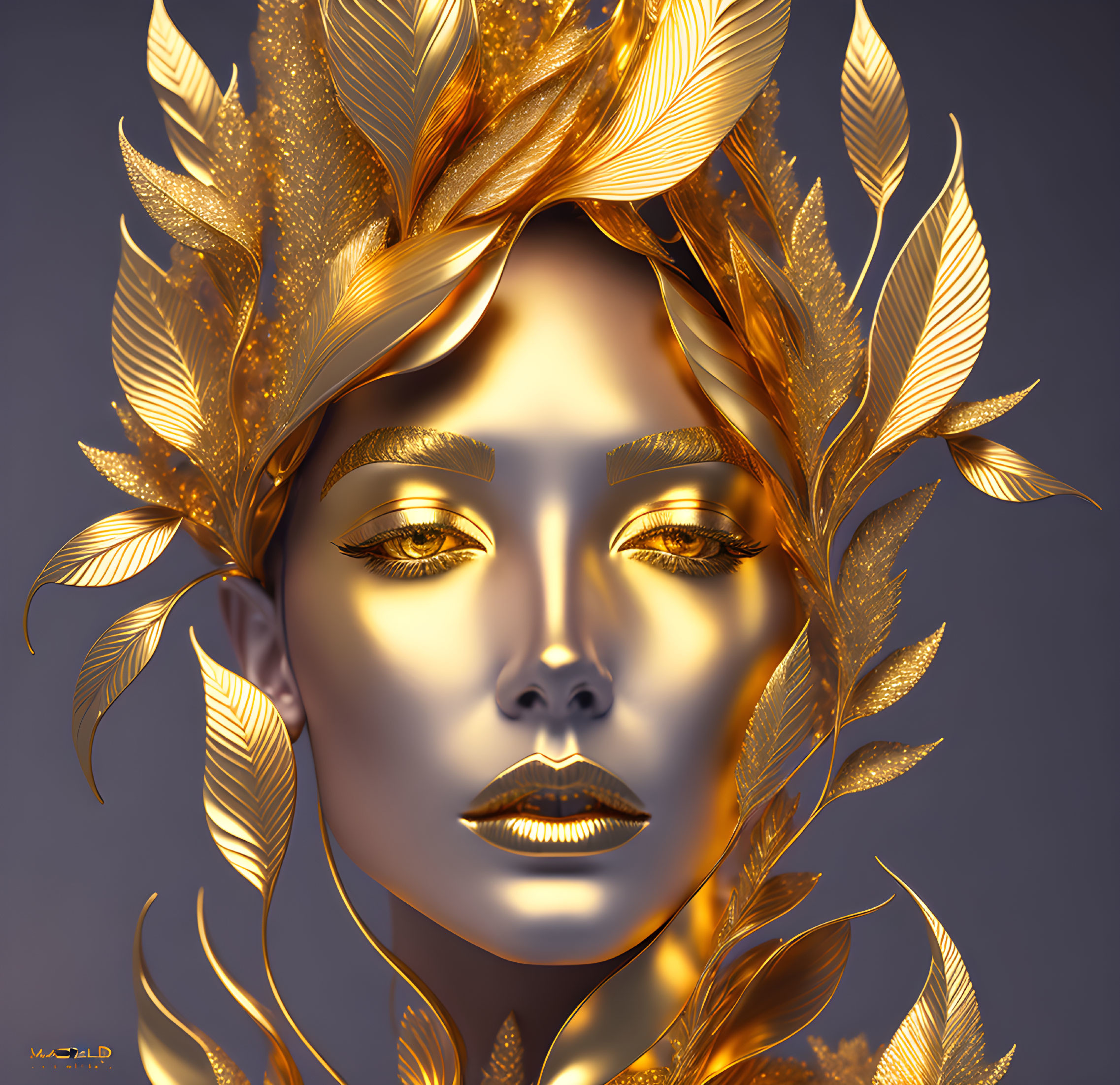 Golden leaf-adorned woman's face in digital art