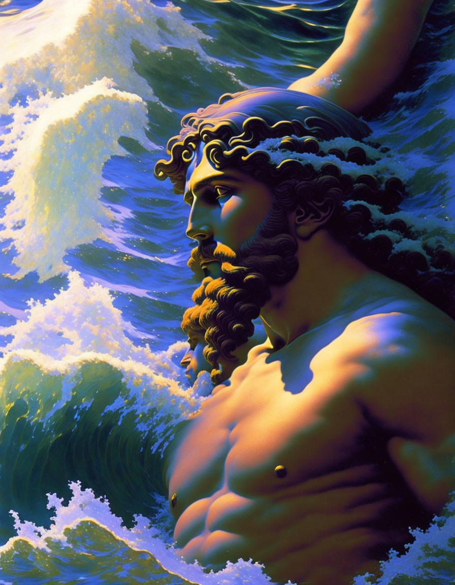 Powerful Bearded Male Figure Emerging from Ocean with Dynamic Waves