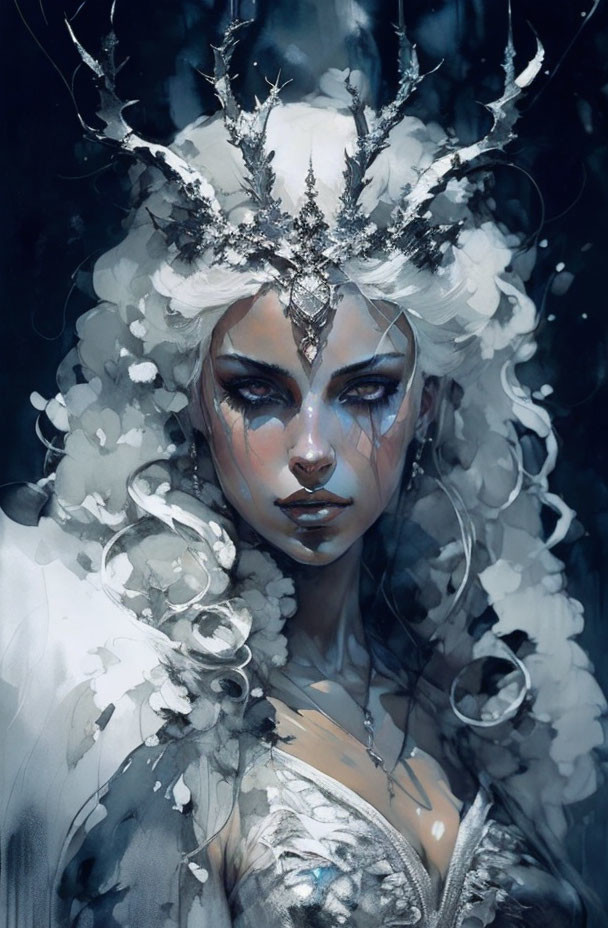 Pale-skinned figure with white, curly hair and frosty crown in ethereal winter scene