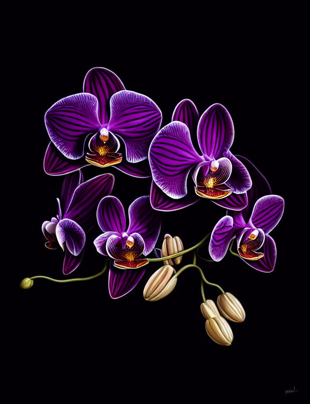 Detailed digital illustration of vibrant purple orchids on a dark background