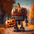 Whimsical robot with pumpkin head and torso in autumn setting.