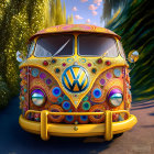 Colorful VW Bus with Floral Designs in Forest Scene