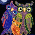 Vibrant owl illustration on branch with moon and ornament