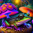 Colorful Digital Artwork Featuring Stylized Frog Among Psychedelic Mushrooms