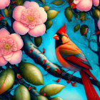 Colorful Cardinal Bird Illustration Among Pink Blossoms and Foliage