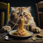 Exaggerated features cat twirls spaghetti at dinner table