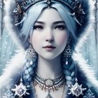 Ethereal woman with blue eyes in snowfall portrait