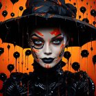 Elaborate Gothic makeup and attire with witch hat and bat motifs pose with black cat